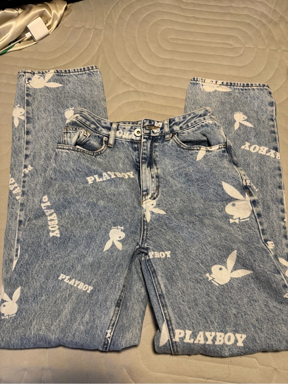 PLAYBOY Light Blue Denim Jeans with White Logo Print